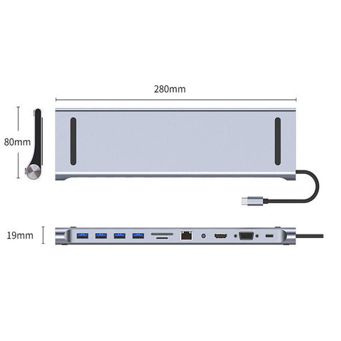 12 in 1 Laptop Docking Station Type-C Dual HDMI Hub Adapter USB 3.0 VGA PD SD TF