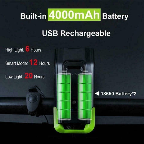 USB Rechargeable 15000LM Bicycle Bike Smart Front Light 2*T6 LED 6 Modes w/ Horn