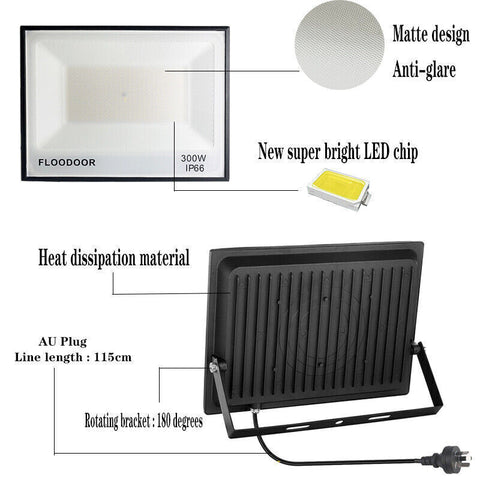 300W LED Flood Light Outdoor Garden Lights 6500k IP66 AU Plug 220V Cool White