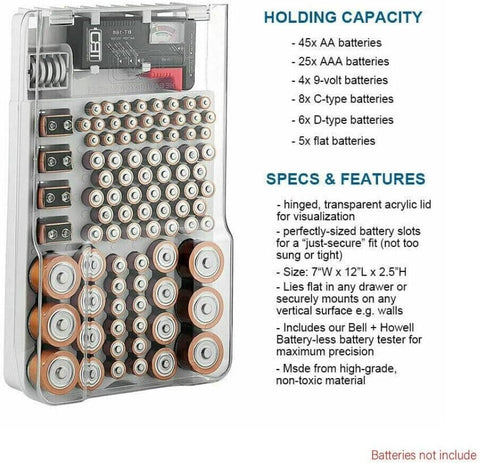 93 Slot Battery Storage Organizer Holder with Tester-Battery Caddy Rack Case Box