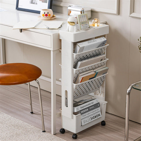 5 Tier Book Rack Storage Bookshelf Movable Rolling Organization Shelf with Wheel