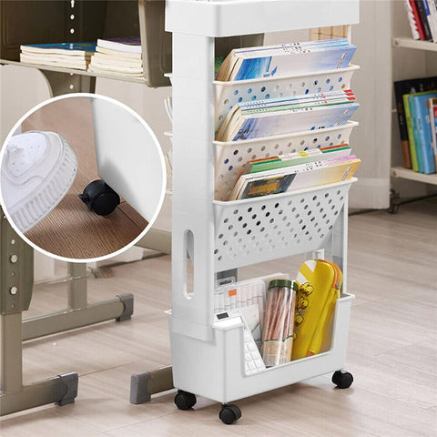 5 Tier Book Rack Storage Bookshelf Movable Rolling Organization Shelf with Wheel