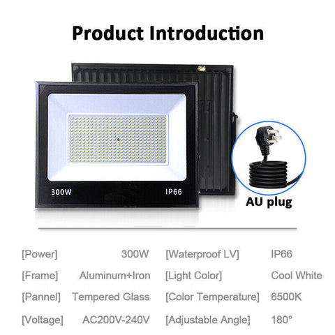 300W LED Flood Light Outdoor Garden Lights 6500k IP66 AU Plug 220V Cool White