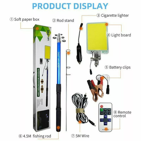 800w Telescopic Light Fishing Rod Pole Camping Light 12V Car Repair COB Lantern Lamp
