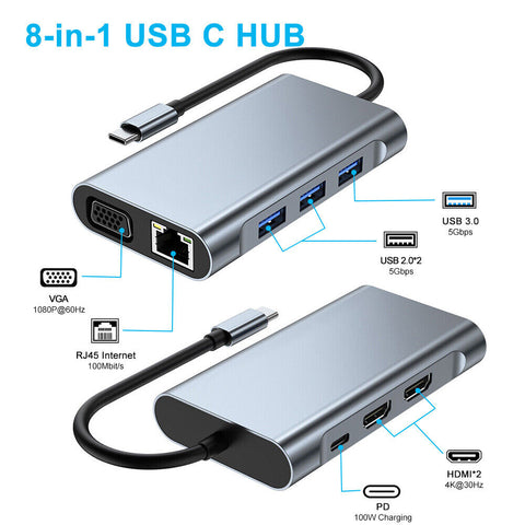 Laptop Docking Station USB-C HUB Type-C PD USB 3.0 Adapter 4K HDMI VGA SD/TF