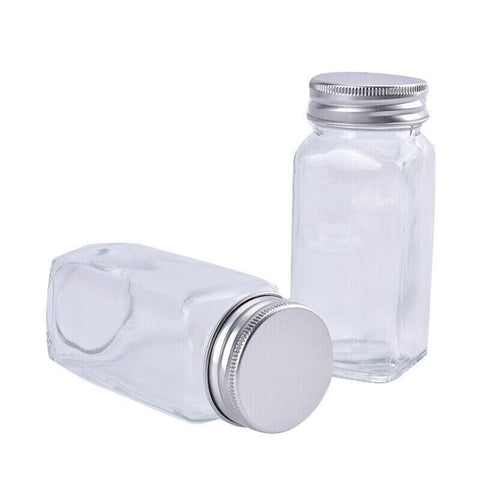 12xClear Square Glass Jars Lid Spice Herb Seasoning Condiment Storage Container