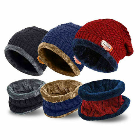 Winter Knitted Hat Men Fur Women Neck Warm Chunky Beanie Fleece Ski Cap