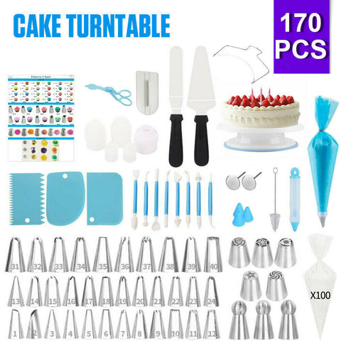 170Pcs Cake Decorating Kit Turntable Rotating Baking Flower Icing Piping Nozzles
