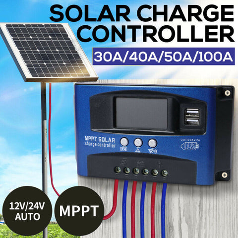 30/40/50/100A Solar Panel Charge Controller 12V 24V Regulator Auto Dual USB Mppt