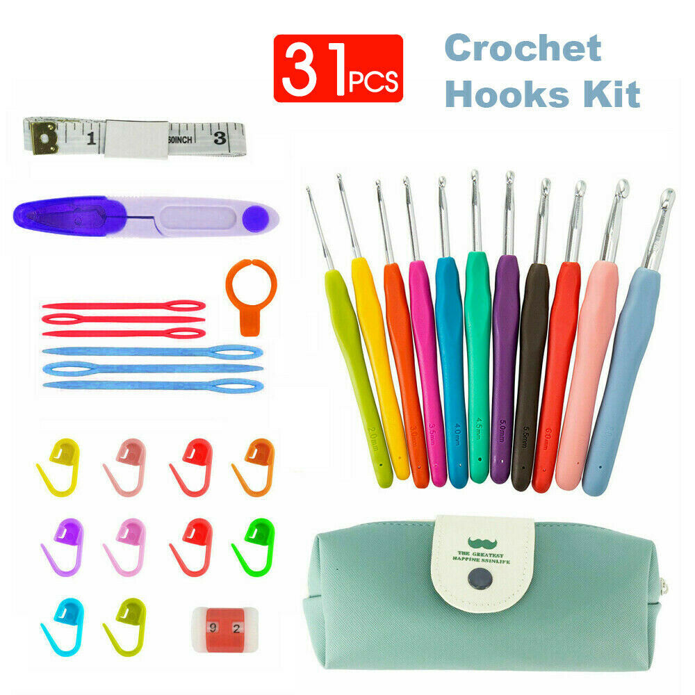 31pcs Crochet Hooks Kit Yarn Knitting Needles Sewing Tools Grip Set With Bag