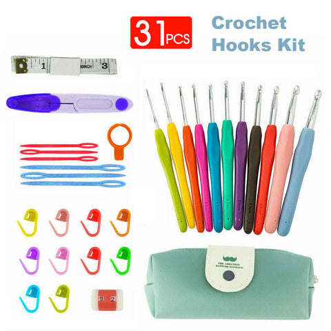 31pcs Crochet Hooks Kit Yarn Knitting Needles Sewing Tools Grip Set With Bag