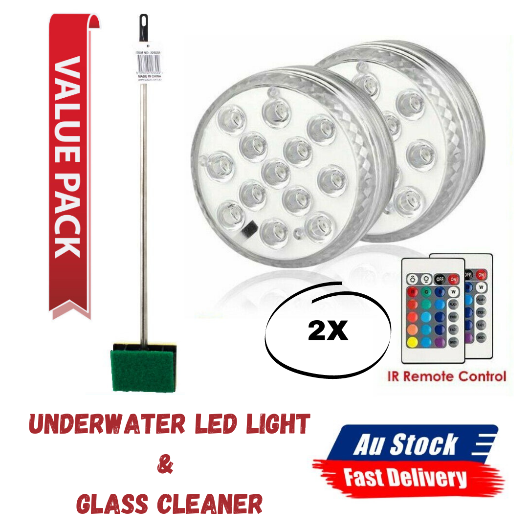 2x Underwater Lights Waterproof LED RGB Aquarium & Fish Tank Cleaner Brush