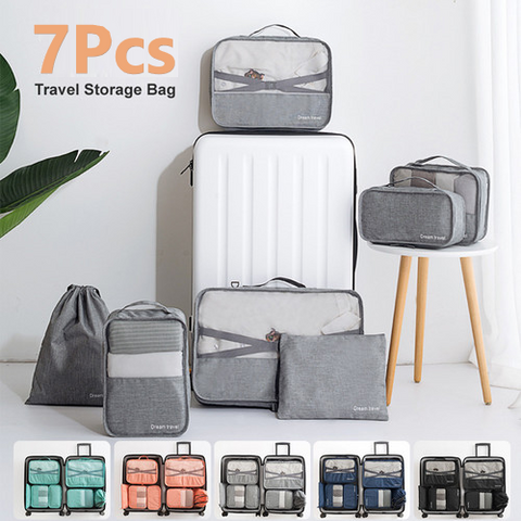 7Pcs Packing Cubes Travel Pouches Luggage Organiser Clothes Suitcase Storage Bag