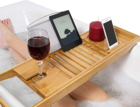 Bamboo Bathtub Caddy Tray  Luxury Spa Organizer with Folding Sides for Tablet, Smartphone, Wine, Book Holders