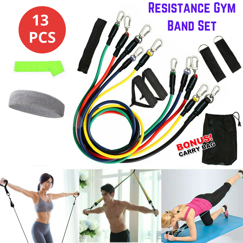 13 PCS Resistance Band Set Yoga Pilates Abs Exercise Fitness Tube Workout Bands