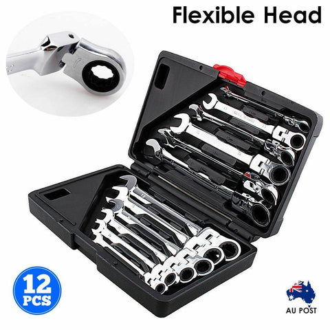 12 Pcs Metric 8-19mm Flexible Head Spanner Gear Ratchet Wrench Cr-V Steel Set