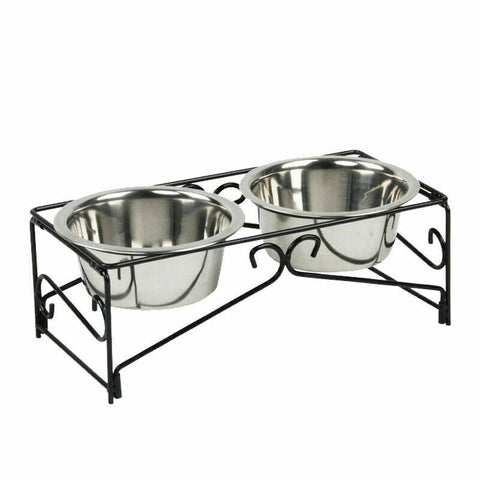 Dual Elevated Raised Pet Dog Feeder Bowl Stainless Steel Food WaterStand 2x350ml