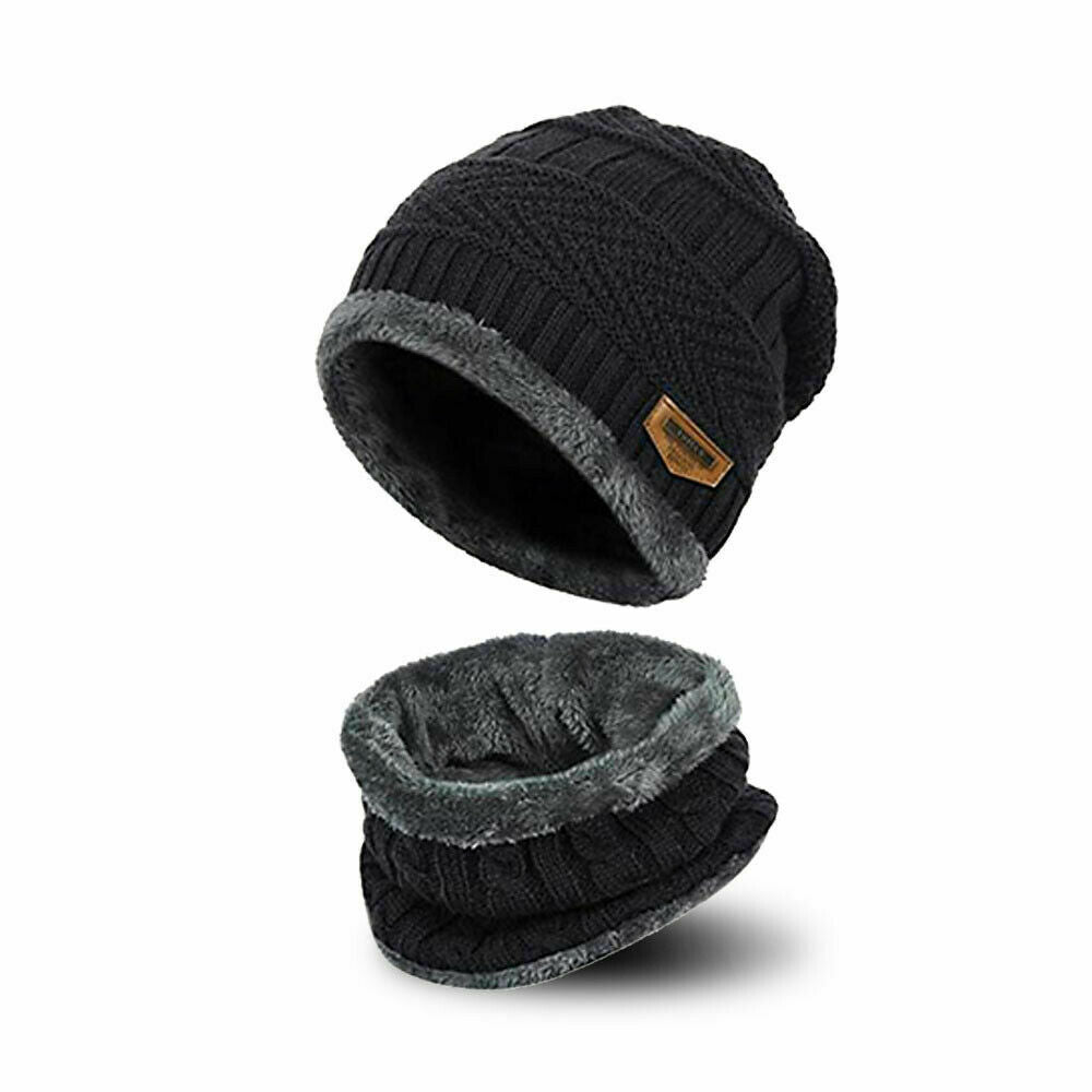 Winter Knitted Hat Men Fur Women Neck Warm Chunky Beanie Fleece Ski Cap