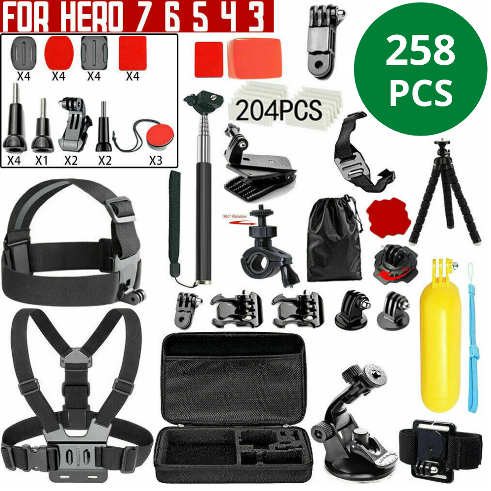 258pcs Accessories Pack Case Chest Head Floating Monopod GoPro Hero 7 6 5 4 3