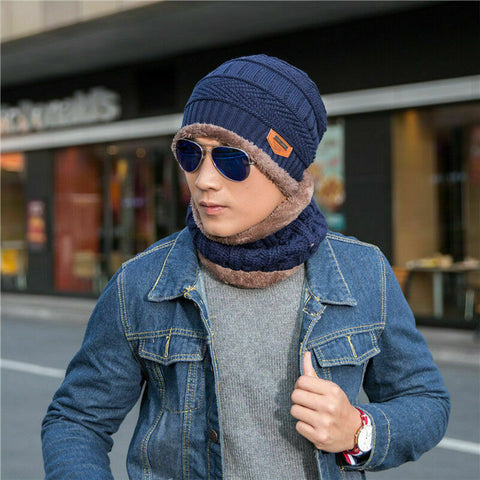Winter Knitted Hat Men Fur Women Neck Warm Chunky Beanie Fleece Ski Cap