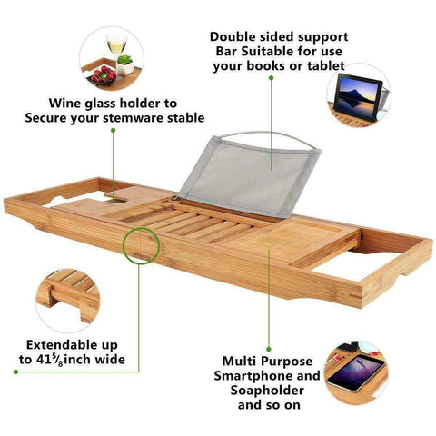 Bathtub Rack Over Expandable Bamboo Bath Caddy Book iPhone Wineglass Holder