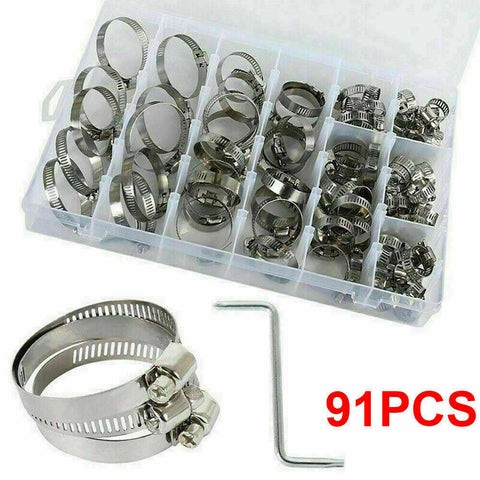 91Pcs Stainless Steel Hose Clamps Clip Adjustable Range Worm Gear Pipe Clamp Kit