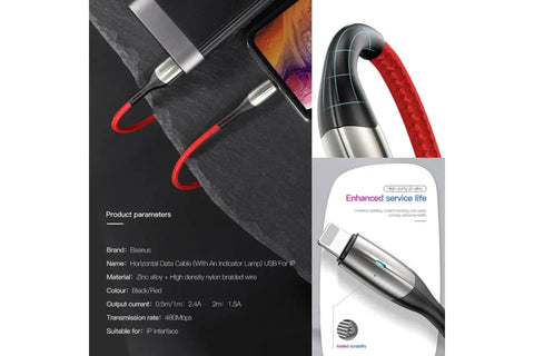 Baseus Cable Fast Charging Charger Cord for iPad iPhone XS XR 8 7 6 Red 2M