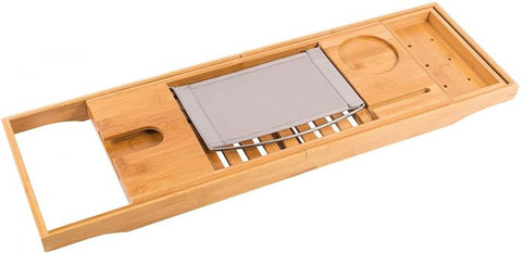Bamboo Bathtub Caddy Tray  Luxury Spa Organizer with Folding Sides for Tablet, Smartphone, Wine, Book Holders