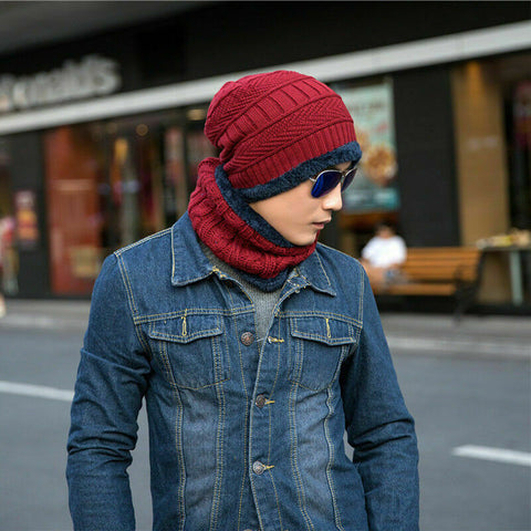 Winter Knitted Hat Men Fur Women Neck Warm Chunky Beanie Fleece Ski Cap