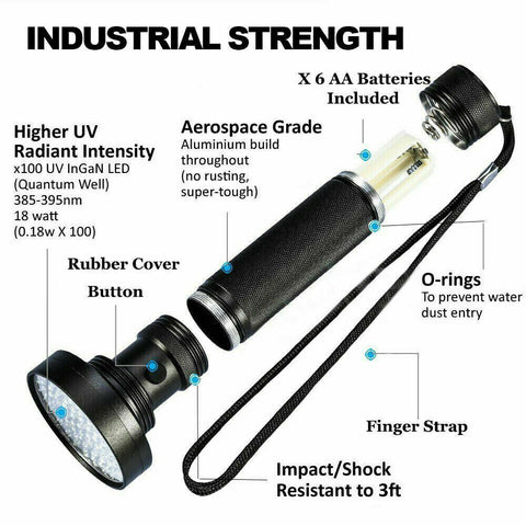 100 LED UV Flashlight Torch Light Lamp Ultraviolet Blacklight Aluminum 395 nM