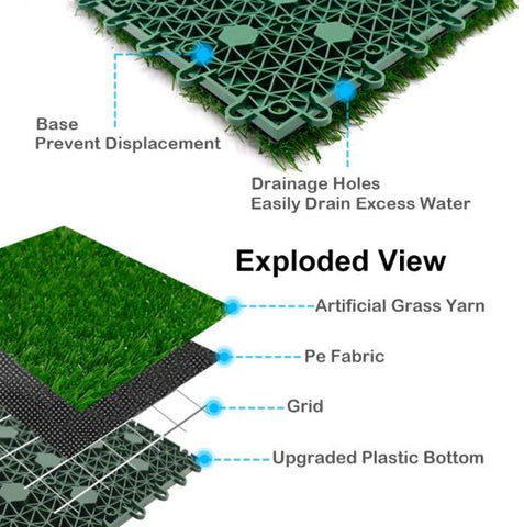2 x Artificial Grass Turf Interlocking Grass Tiles Self-draining for Outdoor Patio, Balcony, Garden Indoor Flooring DÃ©cor