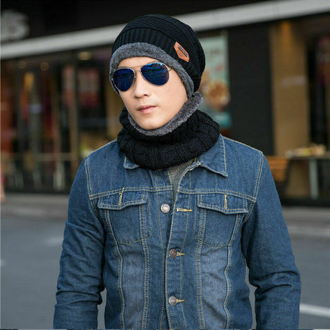 Winter Knitted Hat Men Fur Women Neck Warm Chunky Beanie Fleece Ski Cap