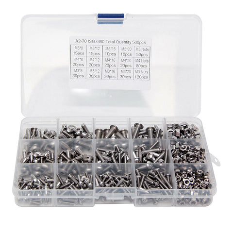 500pc M3 M4 M5 304 Stainless Steel Hex Socket Button Head Bolts Screws Nuts Kit