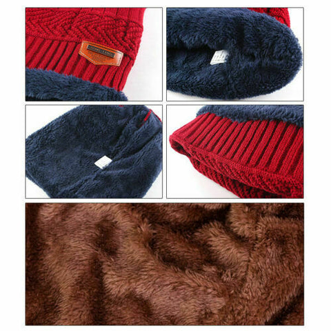 Winter Knitted Hat Men Fur Women Neck Warm Chunky Beanie Fleece Ski Cap