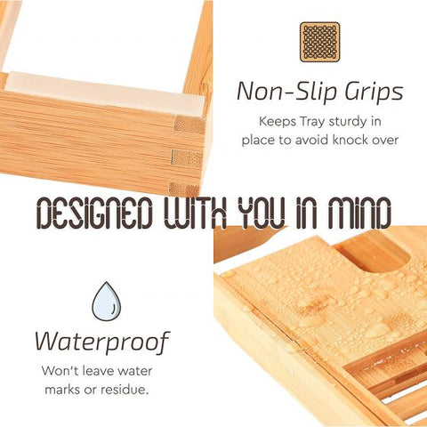 Bamboo Bathtub Caddy Tray  Luxury Spa Organizer with Folding Sides for Tablet, Smartphone, Wine, Book Holders