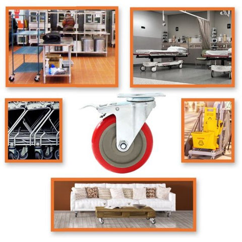 Set of 4 Heavy Duty Swivel Casters with Lock Brakes 5" Polyurethane Wheels