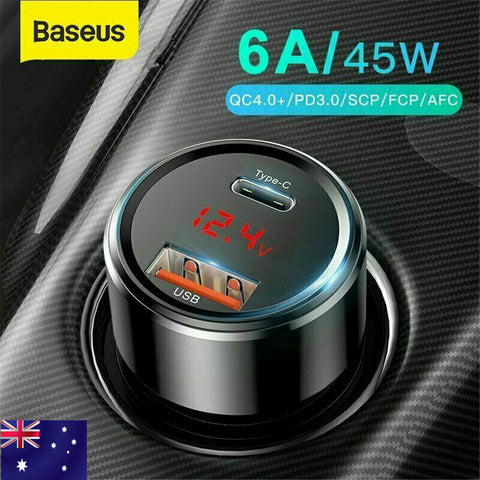 Baseus 45W 6A USB Car Charger Type-C QC4.0 PD3.0 Quick Charge For Mobile