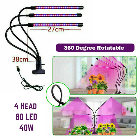 4 Head 40W 80 LED Grow Light Growing Veg Flower Indoor Clip Plant Lamp
