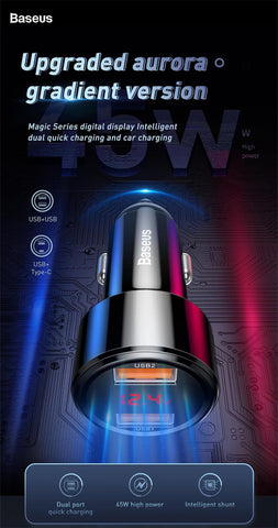 Baseus 45W 6A USB Car Charger Type-C QC4.0 PD3.0 Quick Charge For Mobile
