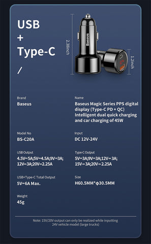 Baseus 45W 6A USB Car Charger Type-C QC4.0 PD3.0 Quick Charge For Mobile