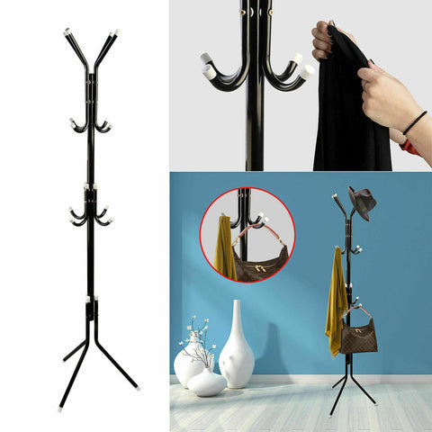 3-Tier Hat Clothes Rack Metal 12 Hook Coat Hanger Stand in Black