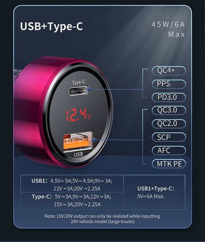 Baseus 45W 6A USB Car Charger Type-C QC4.0 PD3.0 Quick Charge For Mobile