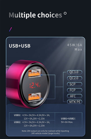 Baseus 45W 6A USB Car Charger Type-C QC4.0 PD3.0 Quick Charge For Mobile