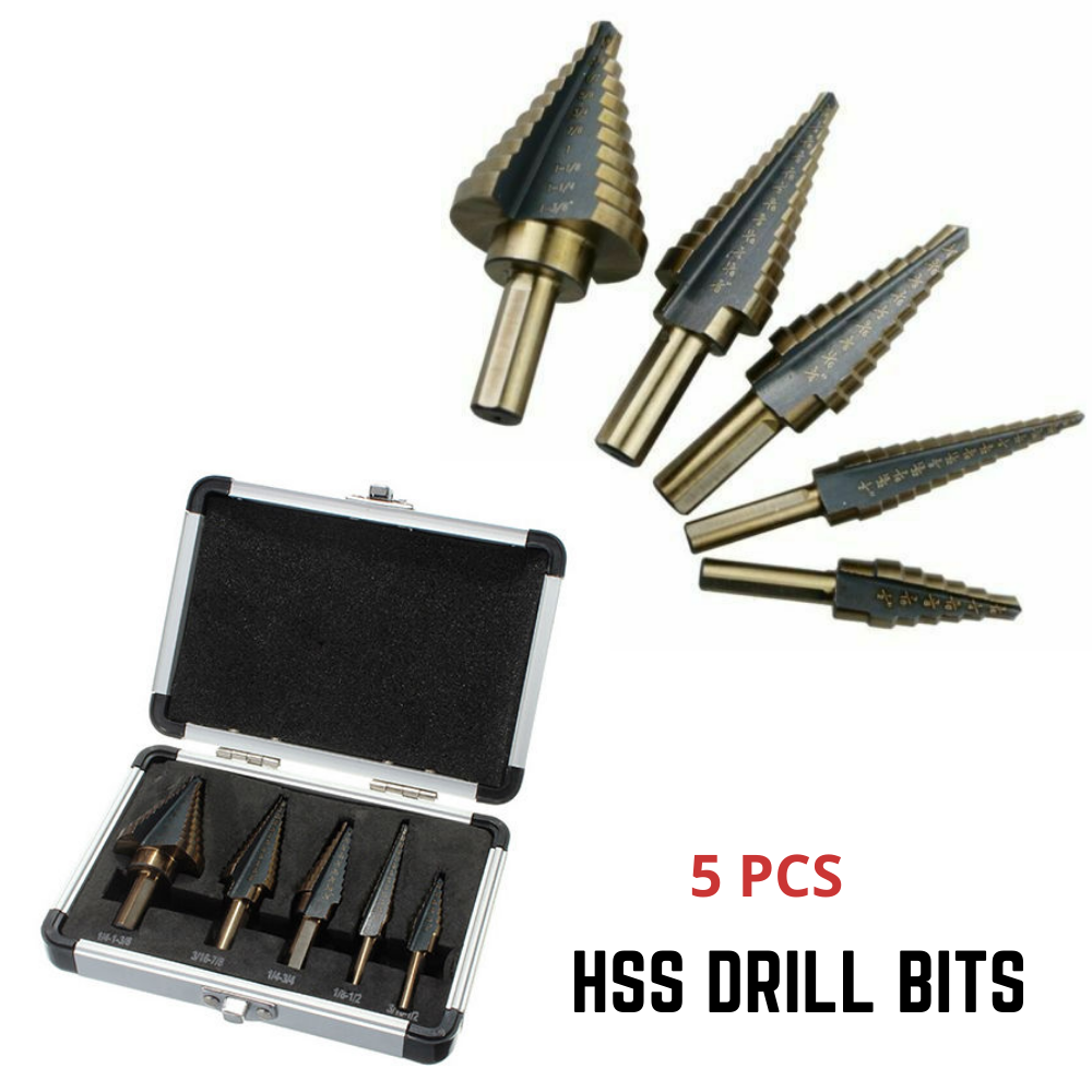 5PCS HSS Step Steel Cone Drill Titanium Bits Set Kit Hole Cutter + Aluminum Case