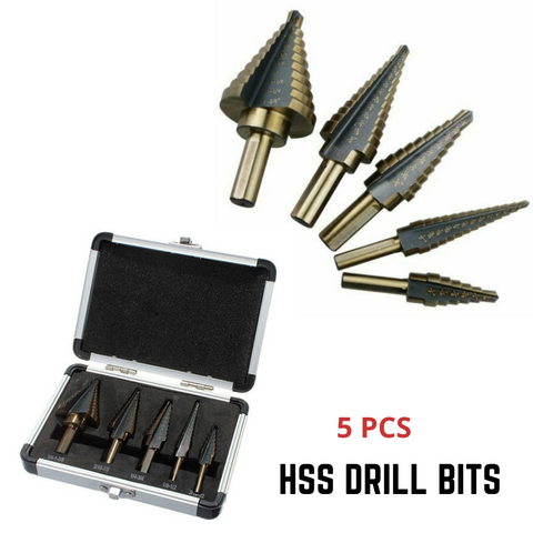 5PCS HSS Step Steel Cone Drill Titanium Bits Set Kit Hole Cutter + Aluminum Case