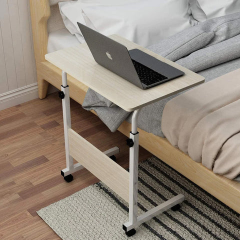 EZONEDEAL Adjustable C-Shape Portable Sofa Bed Side Table Laptop Desk with Wheels for Small Space (Beech Wood Color)