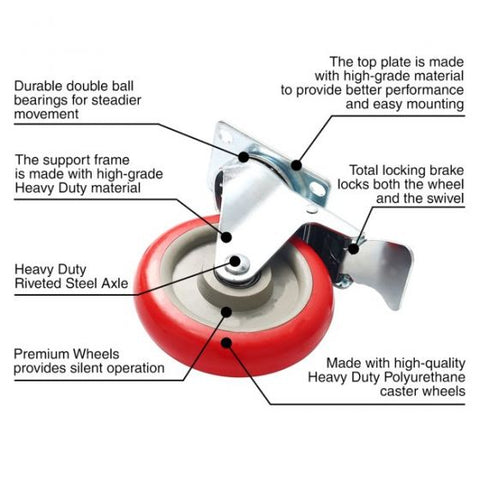Set of 4 Heavy Duty Swivel Casters with Lock Brakes 5" Polyurethane Wheels