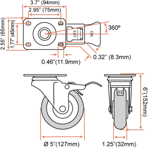 Set of 4 Heavy Duty Swivel Casters with Lock Brakes 5" Polyurethane Wheels