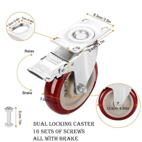 Set of 4 Heavy Duty Swivel Casters with Lock Brakes 5" Polyurethane Wheels