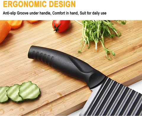 Crinkle Potato Cutter - 2.9" x 11.8" 420 Stainless Steel Waves French Fries Slicer, Save-effort Handheld Chipper Chopper, Vegetable Salad Chopping Knife Home Kitchen Wavy Blade Cutting Tool, Black